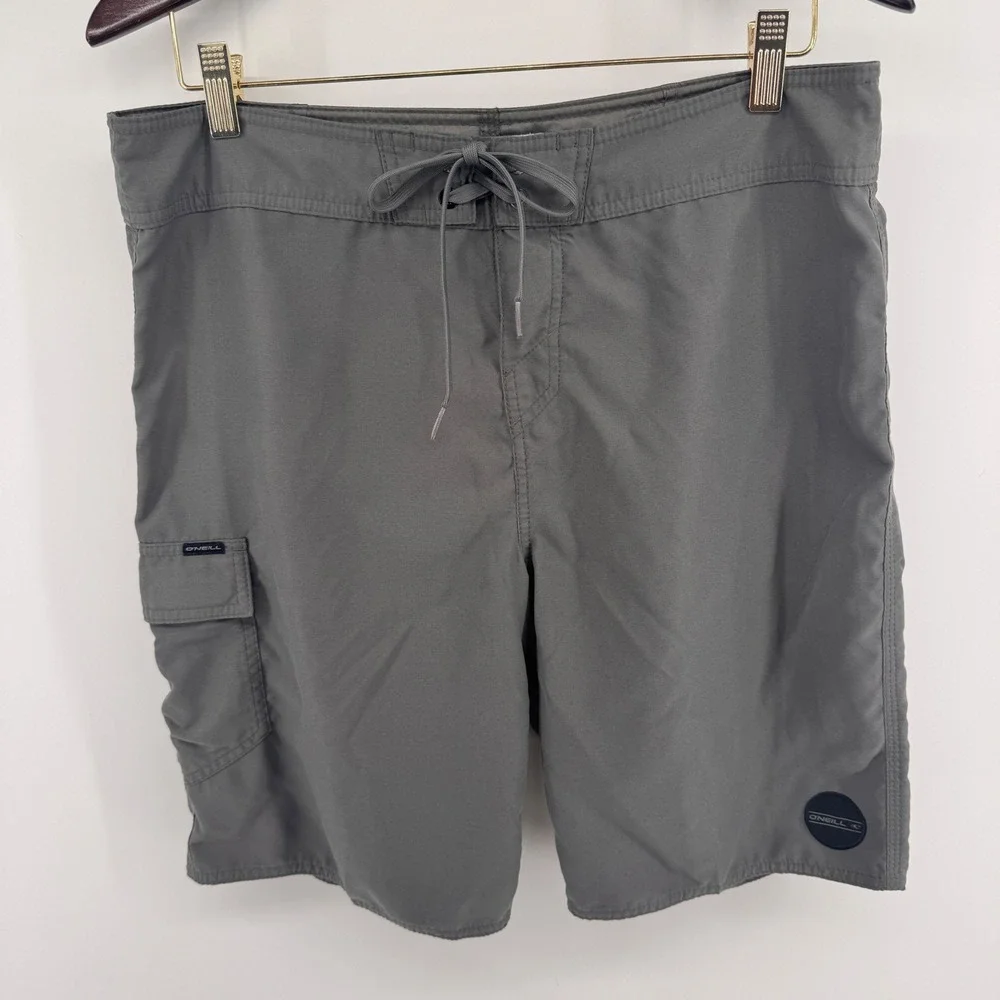 O'Neill Mens Gray Solid Cargo Board Shorts Swim Trunks Size 33 Surf Casual Beach